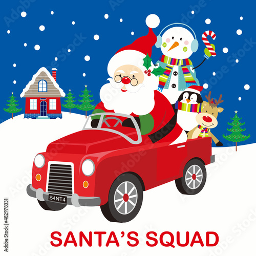 christmas card with santa claus  snowman  penguin and reindeer on a car