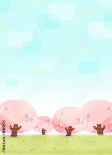 Spring landscape illustration with cherry blossom trees and blue sky. Picture book style background.