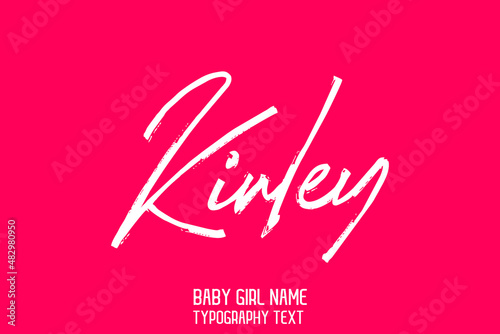 Girl Baby Name Kinley Stylish Lettering Cursive White Color Brush Calligraphy Text on Pink Background photo