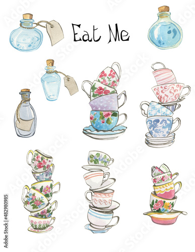 Set of watercolor drawings of porcelain cups in stacks, glass vials, bottles