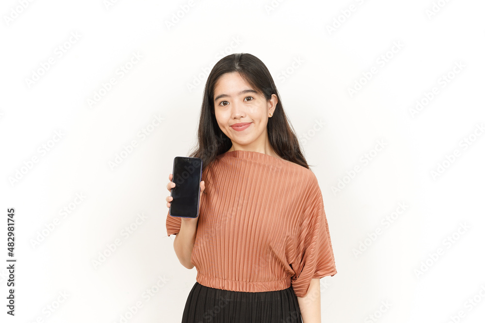 Showing Apps On Blank Screen Smartphone Of Beautiful Asian Woman Isolated On White Background Showing Apps On Blank Screen Smartphone Of Beautiful Asian Woman Isolated On White Background