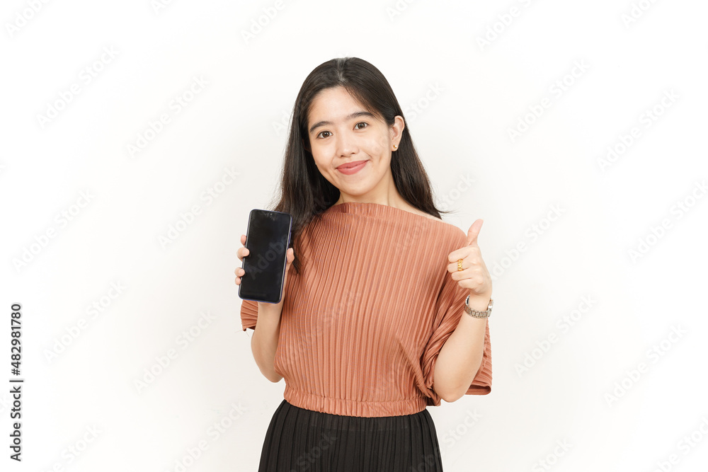 Showing Apps On Blank Screen Smartphone Of Beautiful Asian Woman Isolated On White Background