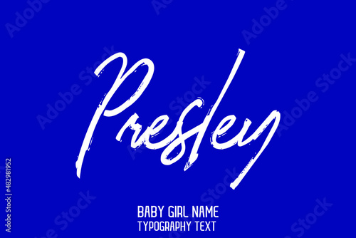 Baby Girl Name Presley in Stylish Cursive Brush Typography Text on Blue Background photo