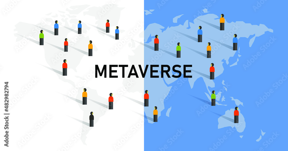 Metaverse online virtual reality digital world map people crowd in two different life vector Metaverse online virtual reality digital world map people crowd in two different life vector