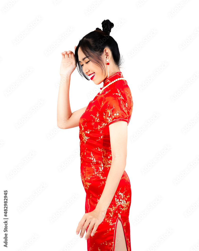 Chinese new year woman concept, Beautiful Asian woman wearing red Cheongsam dress isolated on white background Chinese new year woman concept, Beautiful Asian woman wearing red Cheongsam dress isolated on white background