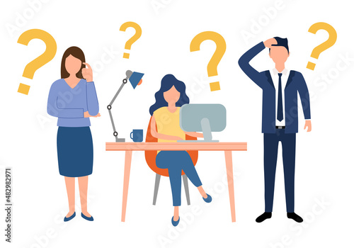 Businesspeople with question mark in flat design on white background. Company employee thinking how to solve working problem.
