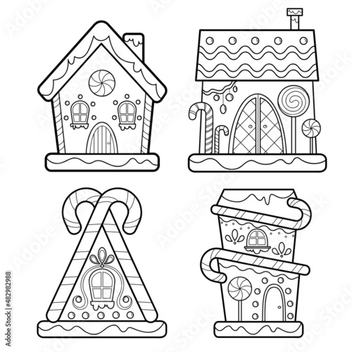 Christmas coloring book or page. Gingerbread house black and white set