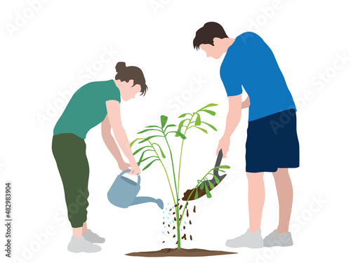 Couple watering plants in illustration graphic vector