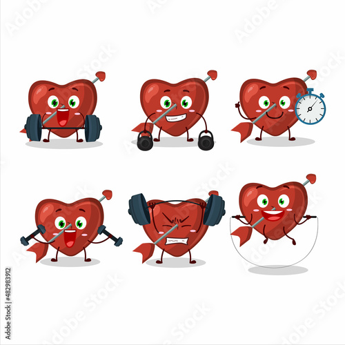 A healthy cupid love arrow cartoon style trying some tools on Fitness center