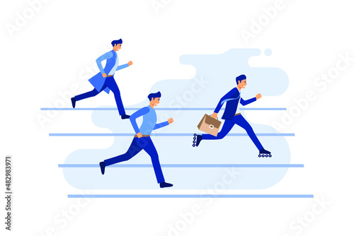 White collar workers in black suit racing on running track and a smart one carrying briefcase gets ahead by wearing inline skates. Creative vector cartoon illustration for business concept.