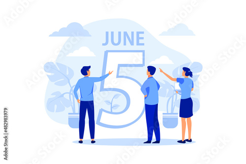little people are preparing for the holiday, saving the planet, World Environment Day, Bio technology, a city in the background of the planet flat vector illustration 
