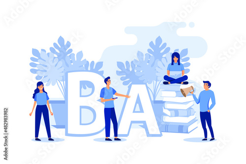 online learning foreign languages, girl and boy for gadgets learn languages, online study through the website, communication with foreigners via the Internet  flat vector illustration 
