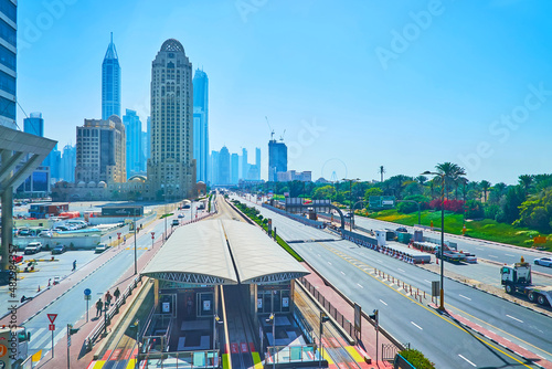 Photography Palm Jumeirah Tram Station pavilion from the top, Dubai, UAE