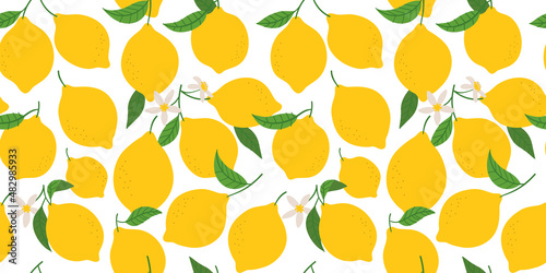 Lemon fruit seamless pattern illustration in modern flat cartoon style. Natural tree branch background with flowers. Citrus food concept, organic juicy fruits backdrop.