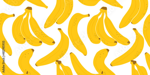 Banana fruit seamless pattern illustration in modern flat cartoon style. Natural food background. Healthy eating concept, organic summer fruits backdrop.