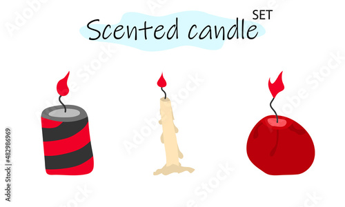 A set of scented candles with a burning fire. Candles for interior, lighting and romantic dates. Aromatherapy. Vector illustration in color design on a white background.