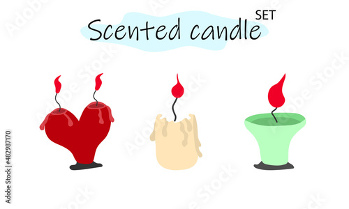 A set of scented candles with a burning fire. Candles for interior, lighting and romantic dates. Aromatherapy. Vector illustration in color design on a white background.