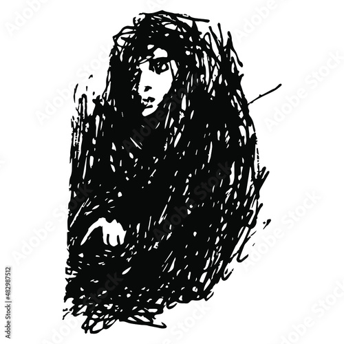 Human face and pointing hand in darkness. Hand drawn rough sketch. Black and white silhouette.