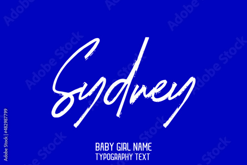 Sydney Girl Baby Name in Stylish Cursive Calligraphy Lettering on Blue Background