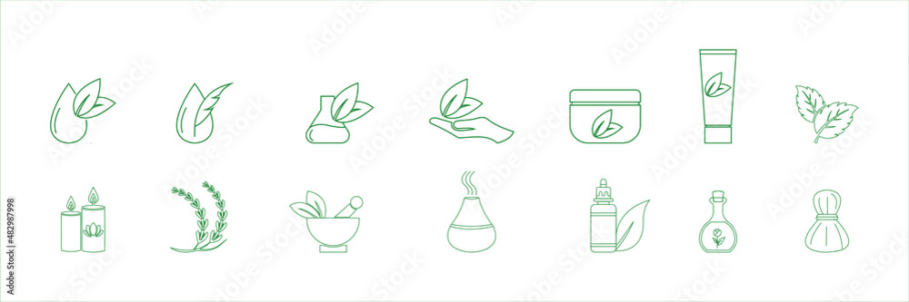 icon set of wellness, spa candles, lavender oil, herbal bag, mortar herbs, aromatherapy diffuser,  aromatherapy oil, essential oil, natural fragrance vector