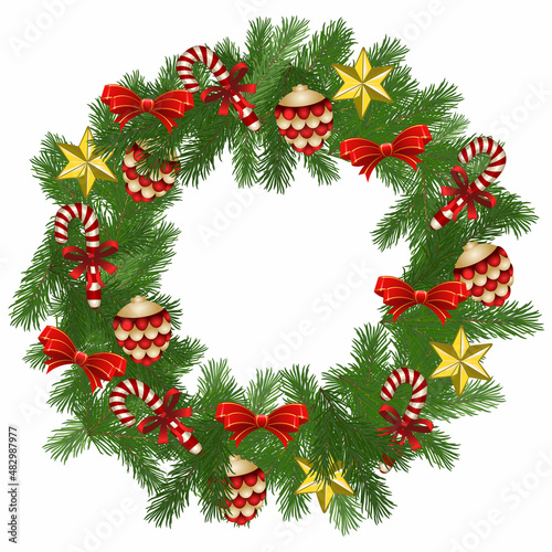 Christmas wreath with fir branches, decorated with cones and various toys, candy canes. Vector illustration