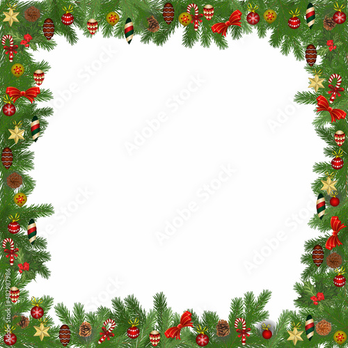 Square frame of green spruce branches decorated with Christmas toys. Vector illustration