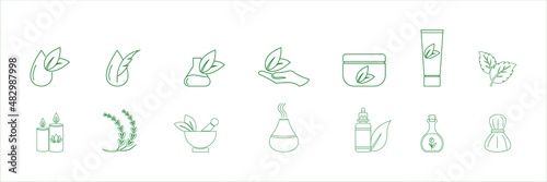 icon set of wellness, spa candles, lavender oil, herbal bag, mortar herbs, aromatherapy diffuser, aromatherapy oil, essential oil, natural fragrance vector