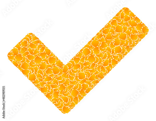 Vector golden true mosaic icon. True is isolated on a white background. Golden items mosaic based on true icon. Mosaic true iconic image is organized with yellow items.