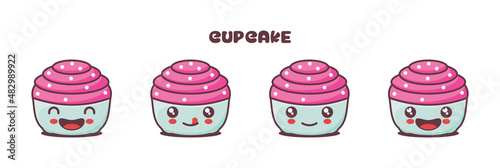 pink cup cake cartoon mascot, with different facial expressions