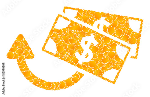 Vector gold dollar banknotes refund mosaic icon. Dollar banknotes refund is isolated on a white background. Golden particles mosaic based on dollar banknotes refund icon.