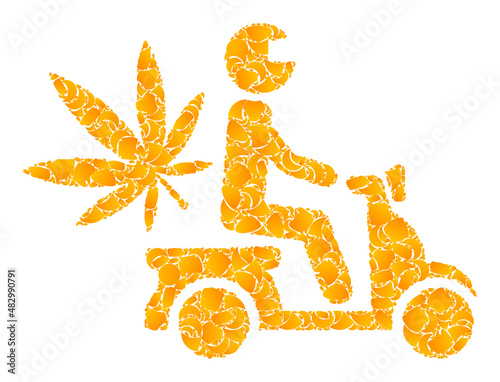 Vector gold marijuana motorbike delivery mosaic icon. Marijuana motorbike delivery is isolated on a white background. Gold items mosaic based on marijuana motorbike delivery icon.
