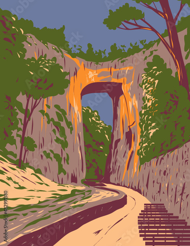 WPA poster art of Natural Bridge State Park with a natural arch in Rockbridge County, Virginia United States USA done in works project administration style or federal art project style photo