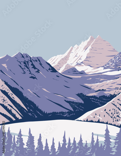 WPA poster art of Aspen Snowmass ski resort located in Snowmass Village near Aspen, Colorado, United States USA done in works project administration style or federal art project style.
