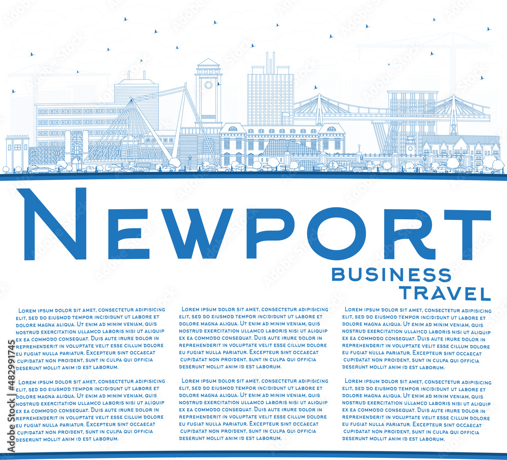 Outline Newport Wales City Skyline with Blue Buildings and Copy Space.