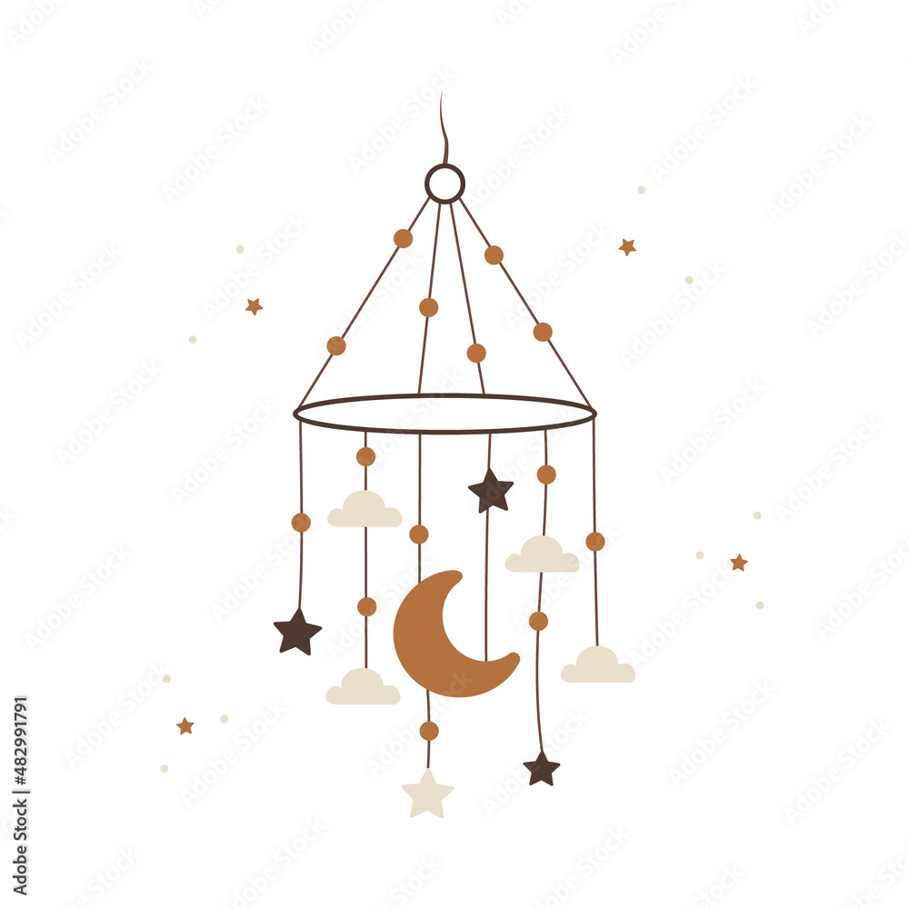 Vecteur Stock Boho baby mobile. Hand drawn scandinavian hanging crib