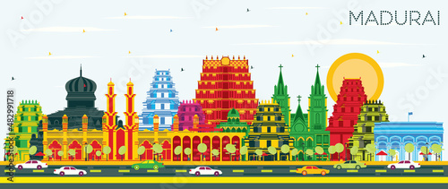 Madurai India City Skyline with Color Buildings and Blue Sky.