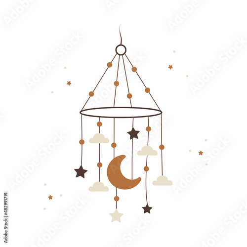 Boho baby mobile. Hand drawn scandinavian hanging crib for newborn isolated on white background. Vector illustration in flat cartoon style.