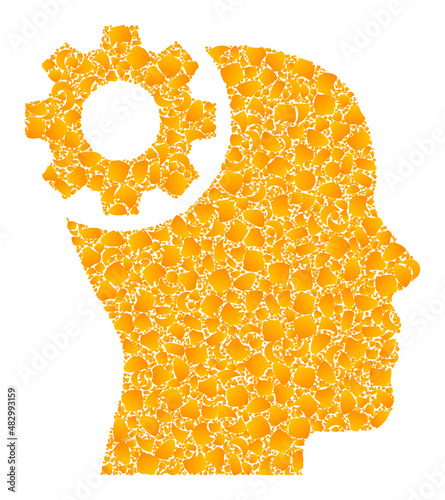 Vector gold brain gear mosaic icon. Brain gear is isolated on a white background. Gold particles collage based on brain gear icon. Mosaic brain gear iconic image is made of yellow elements.