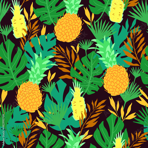 Seamless pattern with tropical spirit. Jungle leaves and palms. Vector illustration.