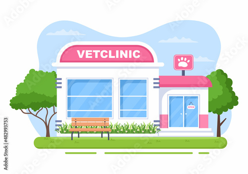 Fototapeta Naklejka Na Ścianę i Meble -  Veterinary Clinic Doctor Examining, Vaccination and Health care for Pets Like Dogs and Cats in Flat Cartoon Background Vector Illustration for Poster or Banner