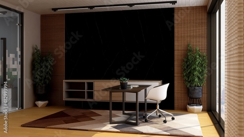 modern business office manager room with 3d design interior for company wall logo mockup