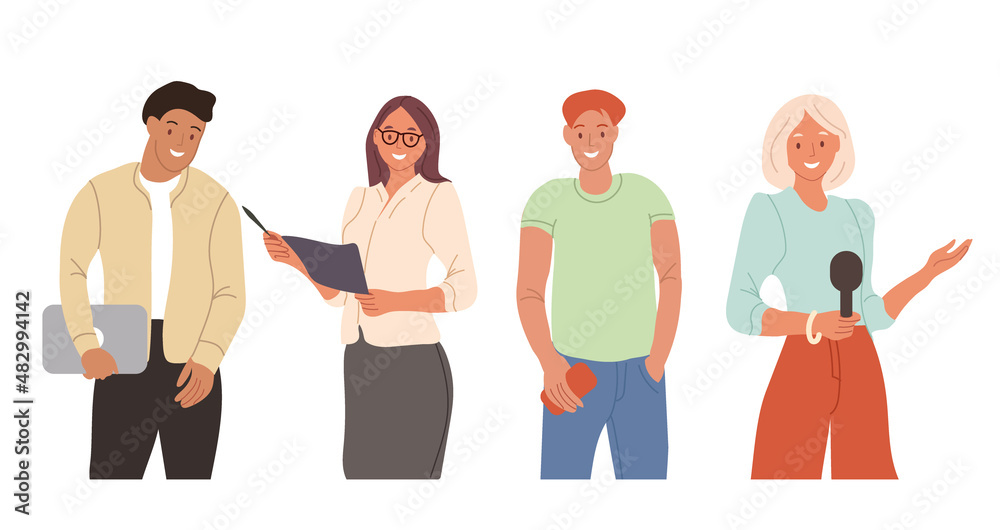Set of people, office workers. Girl with papers, pen, microphone. Guy with laptop, phone. Colored flat illustration isolated on white background.