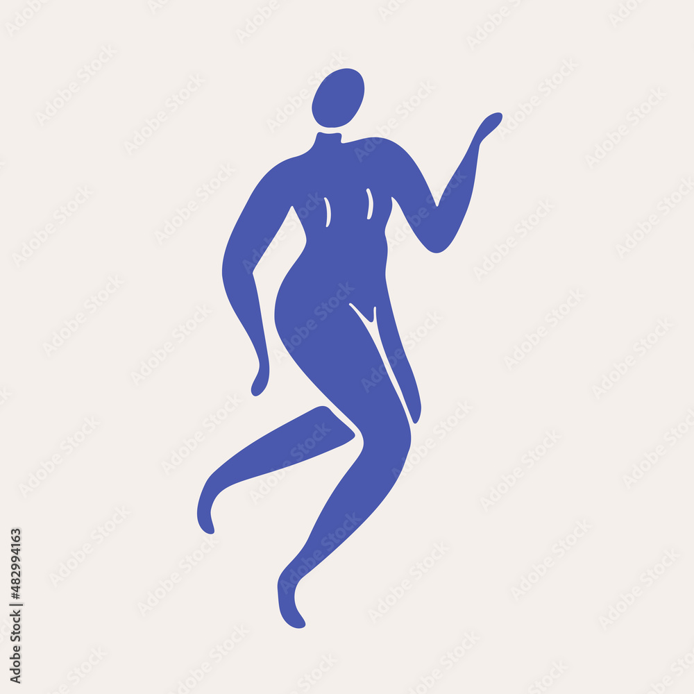 One blue abstract female body. Matisse style. Silhouettes of a dancing woman.
