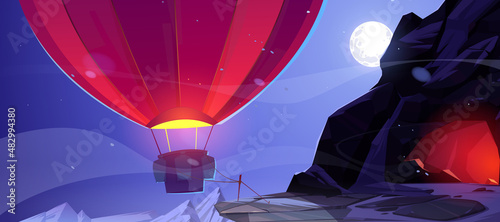 Hot air balloon at mountain cave entrance at night, view from outside. Red flying ballon attached with rope to peg at dark sky with full moon and rock peaks, game scene, Cartoon vector illustration