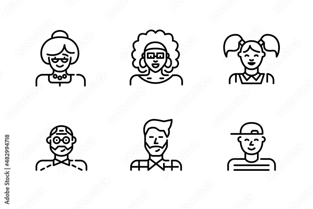 People avatars icons set. Elderly woman and man, boy and girl, young hipster man and a girl with curly hair. Pixel perfect, editable stroke icons People avatars icons set. Elderly woman and man, boy and girl, young hipster man and a girl with curly hair. Pixel perfect, editable stroke icons
