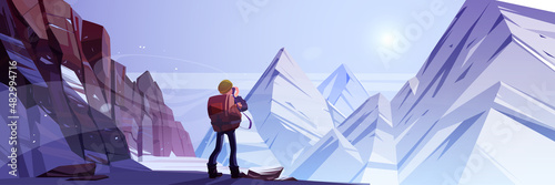 Traveler man shoot winter mountains on photo camera. Hiking travel journey, adventure. Tourist with backpack stand at rocky snowy landscape with peaks. Extreme recreation Cartoon vector illustration