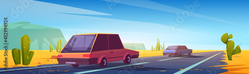 Road in desert with cars riding on asphalt highway with cacti along the route, rocks and golden sand. Roadway landscape with skyline, rocky barren wasteland, Travel trip cartoon vector illustration