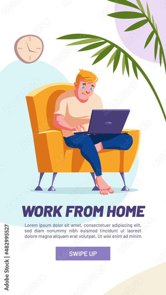Work from home banner. Concept of freelance, online business, remote job. Vector social media template, poster of distance work with cartoon illustration of man sitting in chair with laptop
