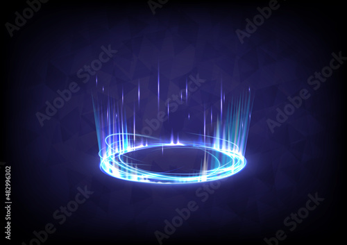 Circle teleport podium. Portal and hologram science futuristic stage. Sci-fi digital hi-tech in glowing HUD projector. Magic gate in game fantasy. GUI and UI virtual reality 3D wave