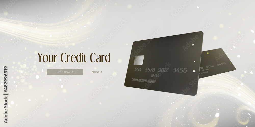 Your credit card web banner with black bank cards, sparks and abstract pattern on blurred backdrop. Financial banking services ads promotion, presentation for Vip clients, Realistic 3d vector template